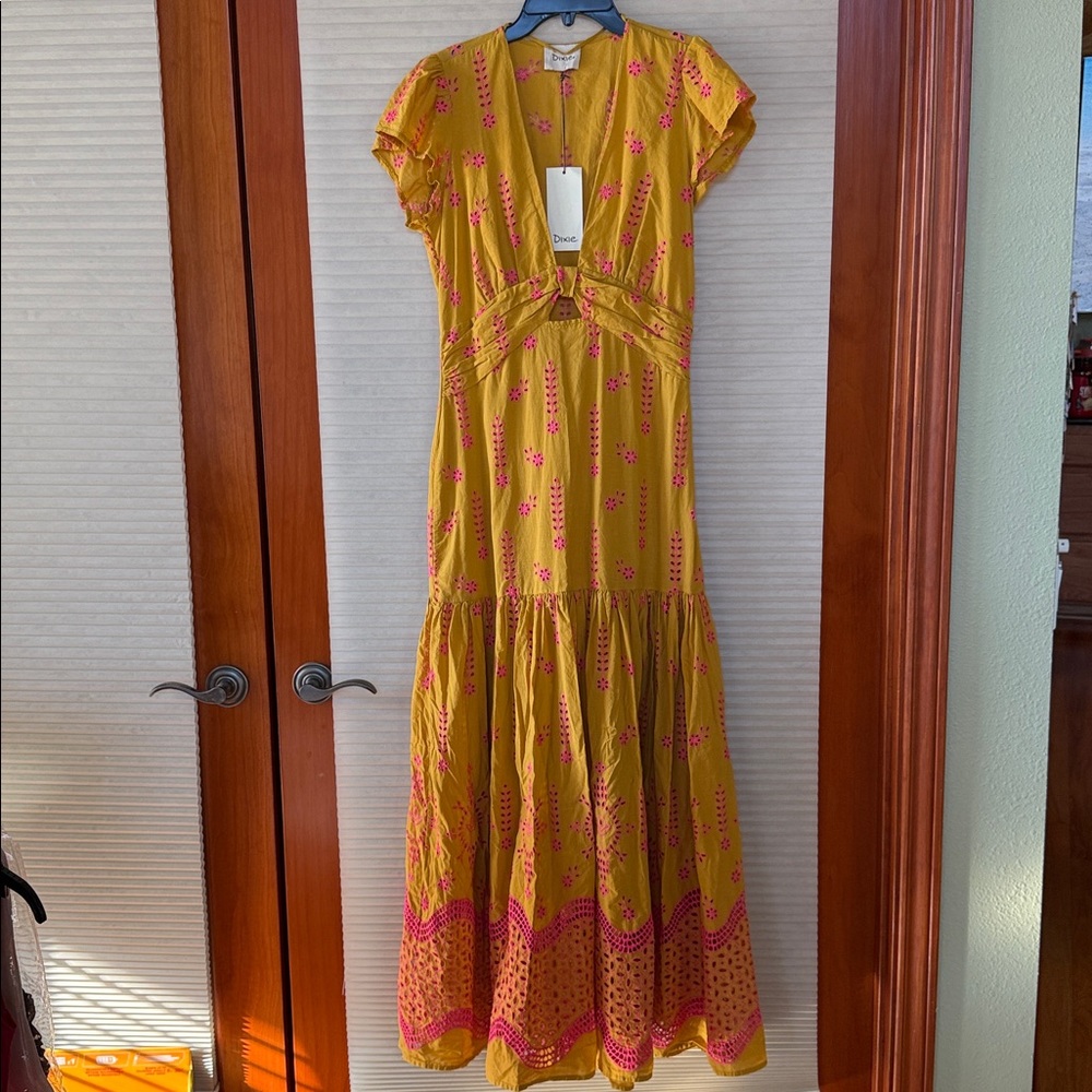 NWT DIXIE Yellow and Pink Floral embroidered Maxi Dress size medium - Picture 15 of 15
